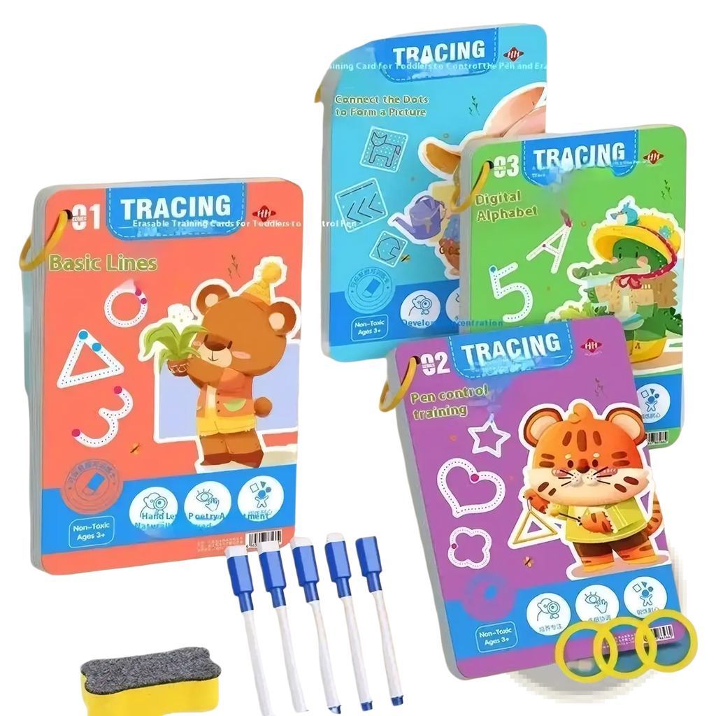 Set of colorful reusable tracing workbooks for kids with cartoon animal characters and matching pens erasers and rings