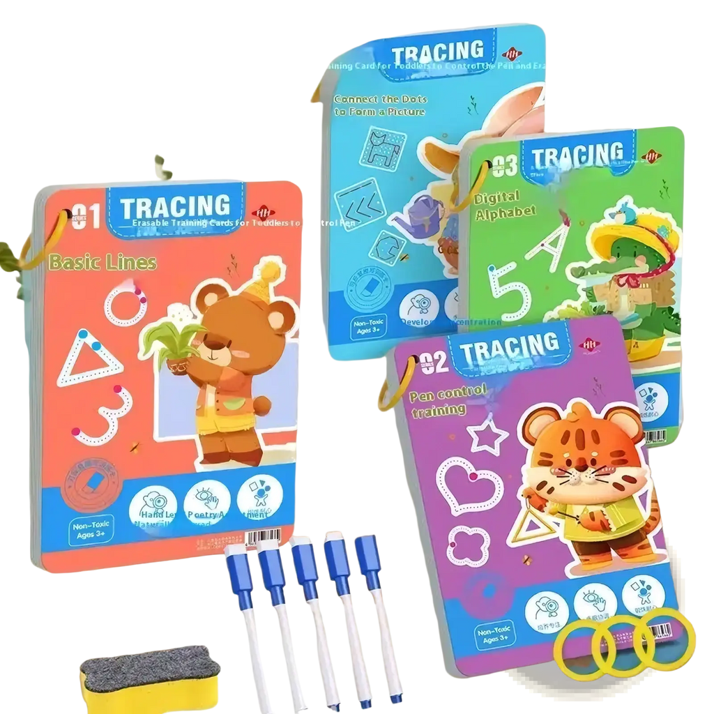 Set of colorful reusable tracing workbooks for kids featuring cartoon animal characters and matching pens for activities