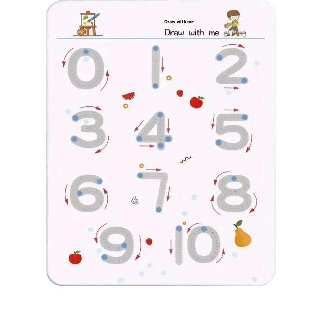 Reusable tracing workbook for kids featuring white number tracing worksheets with gray dotted outlines and colorful fruit illustrations
