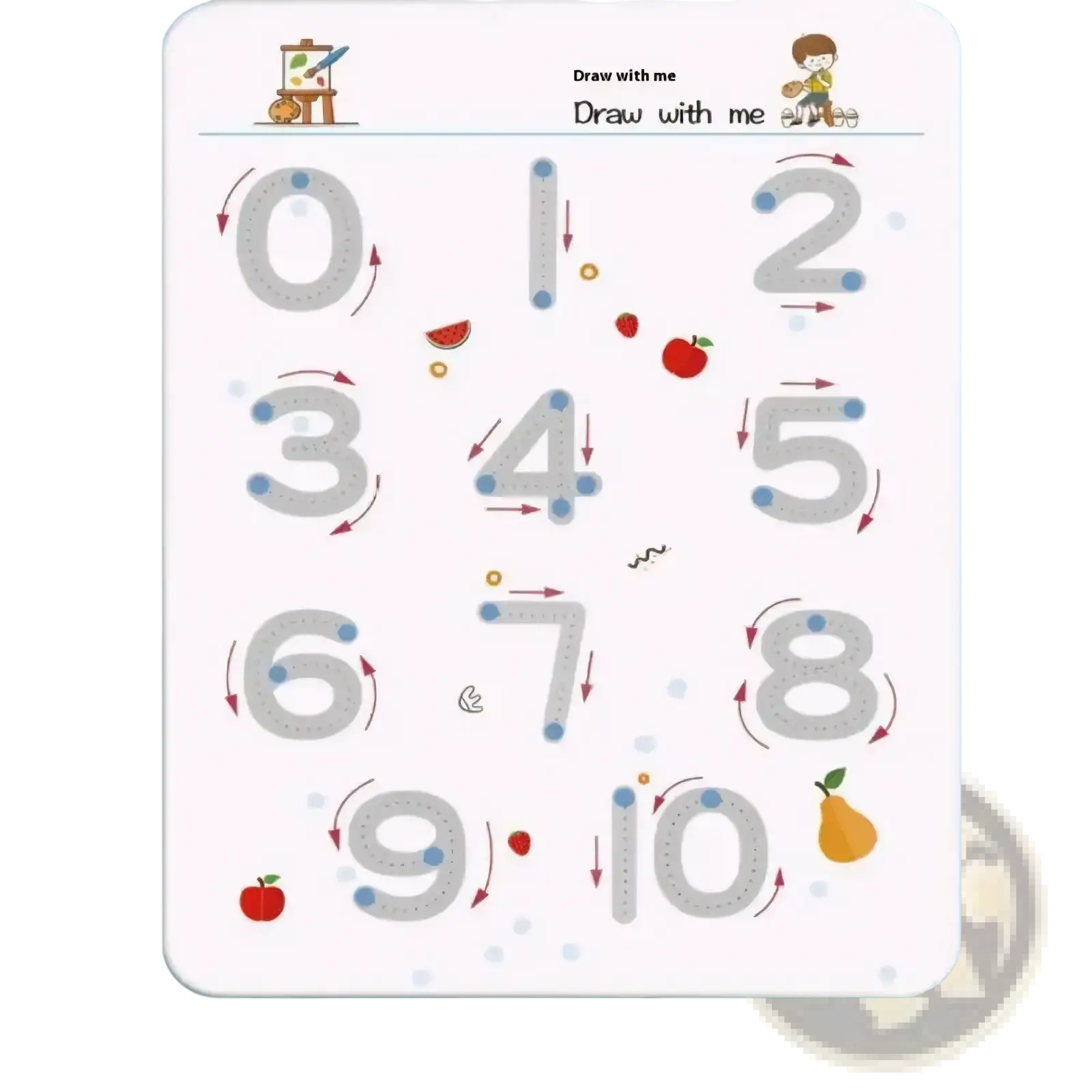Reusable tracing workbook for kids featuring white number tracing worksheets with gray dotted outlines and colorful fruit illustrations