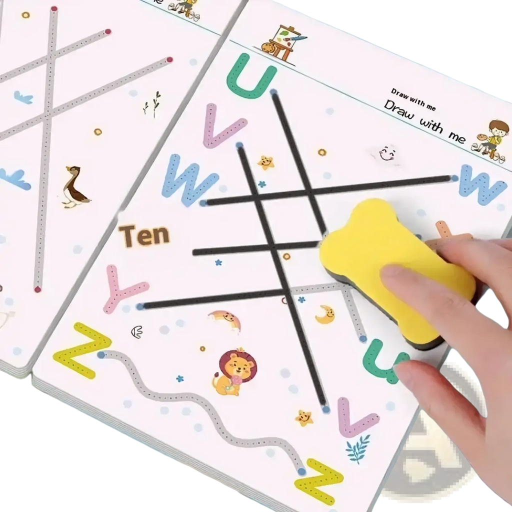 A yellow bone-shaped eraser used on a reusable tracing workbook for kids featuring a children’s tracing mat
