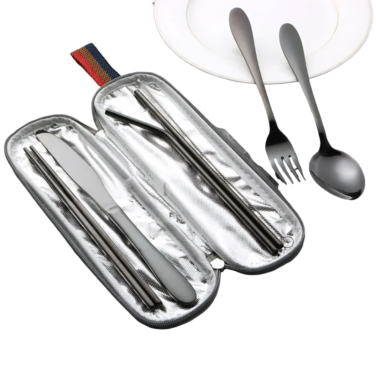 Reusable travel cutlery set stainless steel flatware in black stainless steel foldable design with silver case and fabric pull tab
