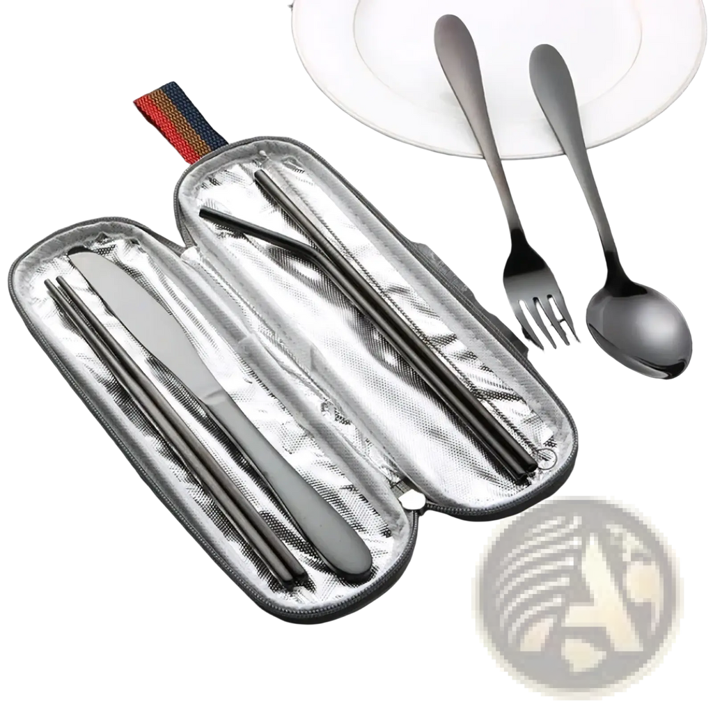 Reusable travel cutlery set stainless steel flatware in black stainless steel foldable design with silver case and fabric pull tab