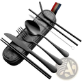 Black matte-finished stainless steel reusable travel cutlery set with matching chopsticks and straws in gray felt case