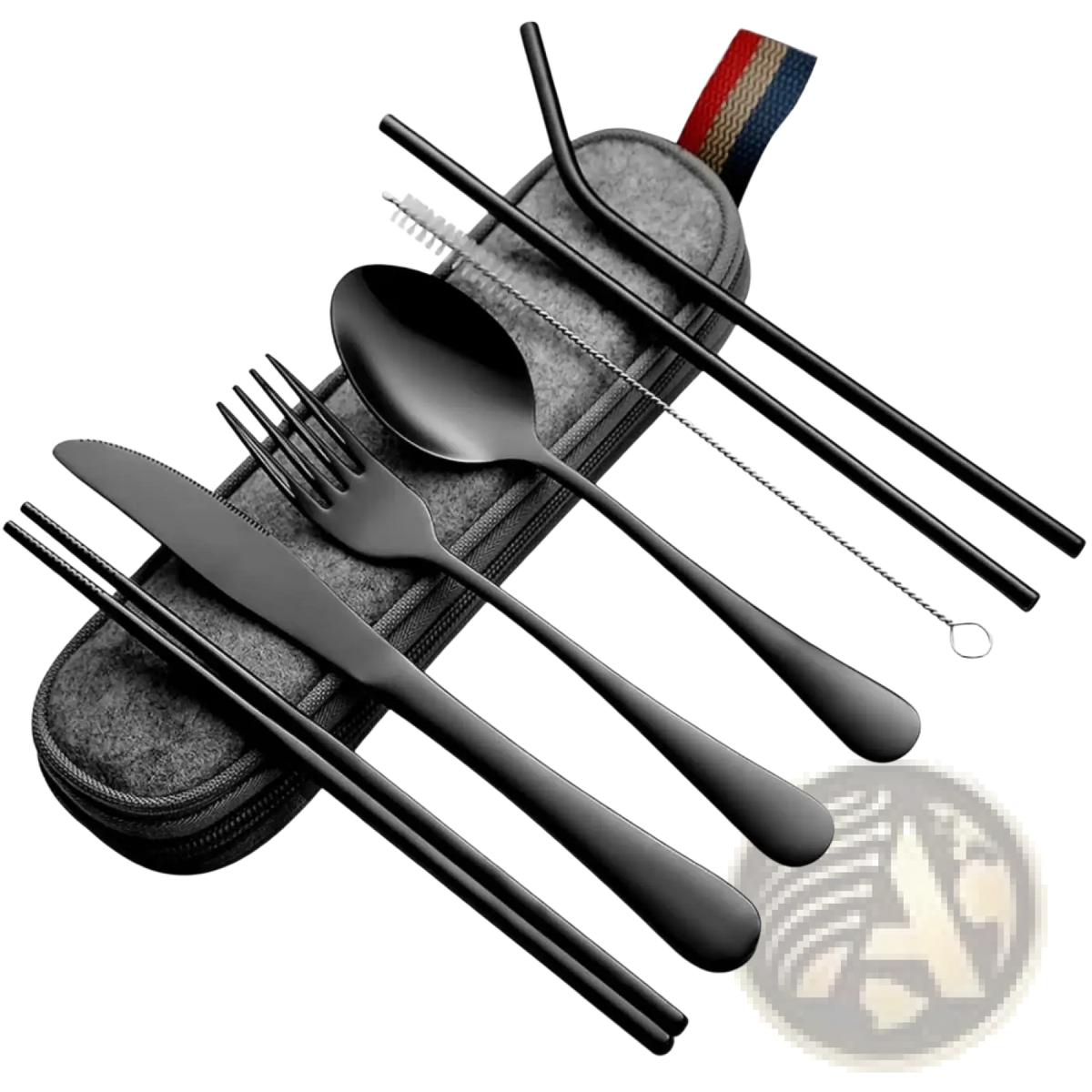 Black matte-finished stainless steel reusable travel cutlery set with matching chopsticks and straws in gray felt case