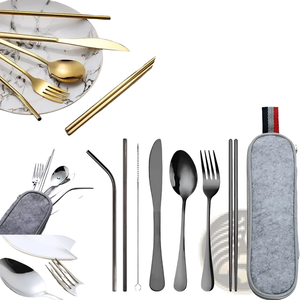 Reusable travel cutlery set with gold and black stainless steel flatware and matching gray felt carrying case