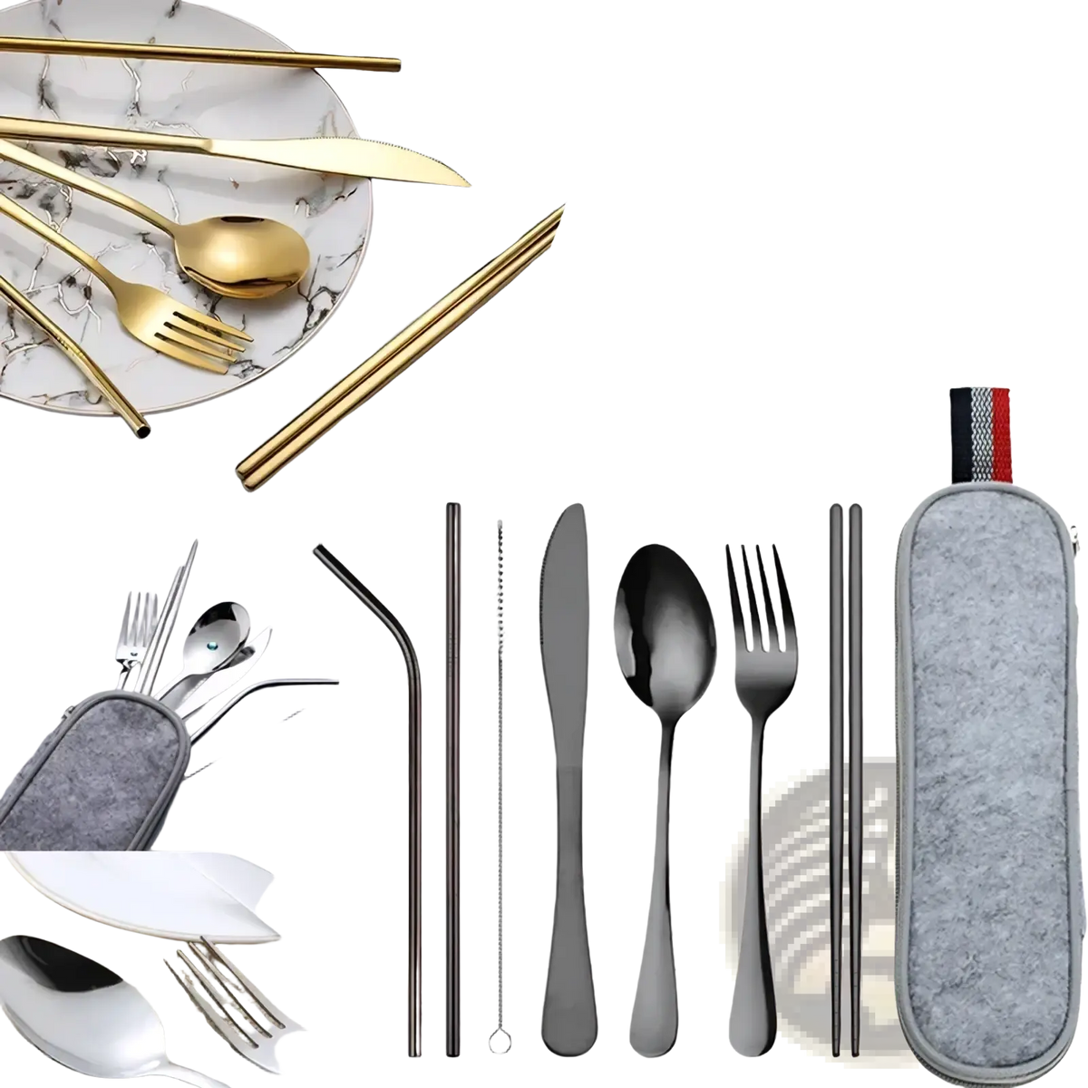 Reusable travel cutlery set with gold and black stainless steel flatware and matching gray felt carrying case