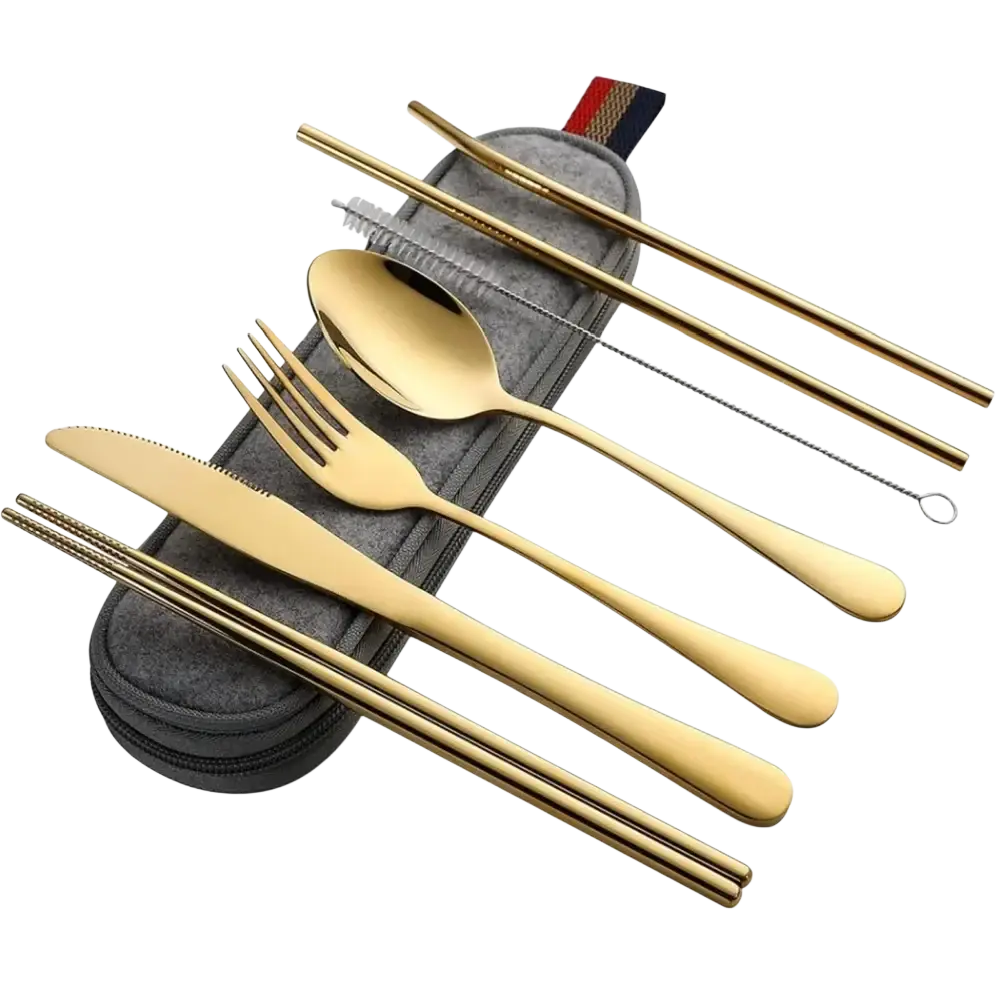 Gold-colored stainless steel reusable travel cutlery set with matching chopsticks and cleaning brush in gray case