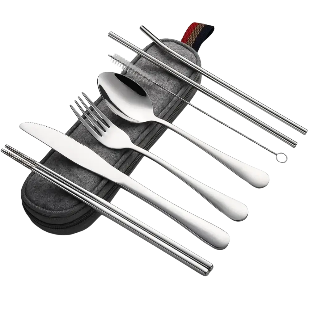 Reusable travel cutlery set with silver stainless steel flatware chopsticks and brush in gray fabric carrying case