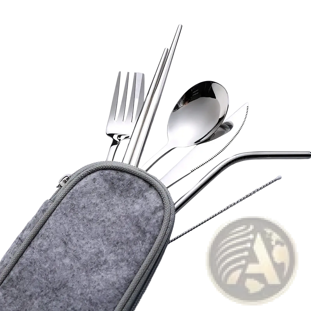 Silver stainless steel reusable travel cutlery set with gray felt carrying case for flatware on the go