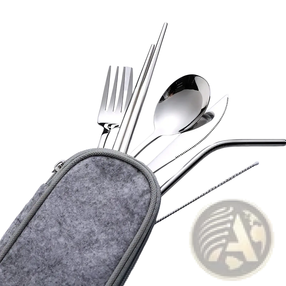 Silver stainless steel reusable travel cutlery set with gray felt carrying case for flatware on the go