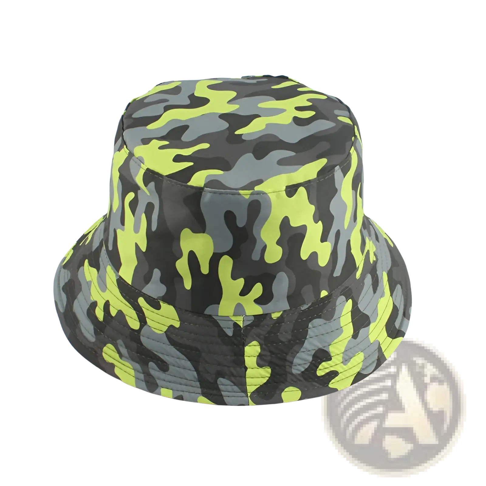A vibrant neon yellow and gray reversible camouflage fisherman hat with wide brim in bucket style