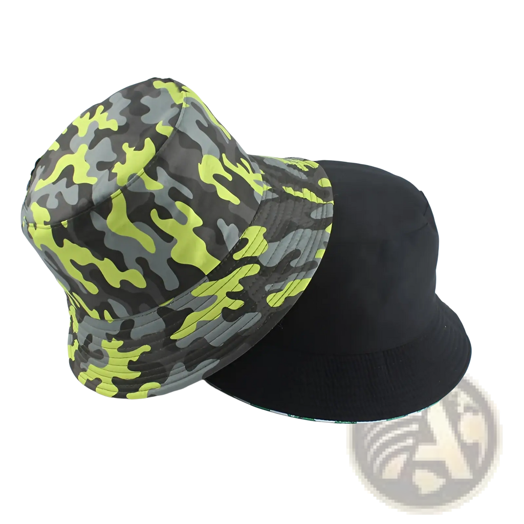 Reversible camouflage fisherman hat with neon yellow gray camouflage pattern on one side and solid black on the other