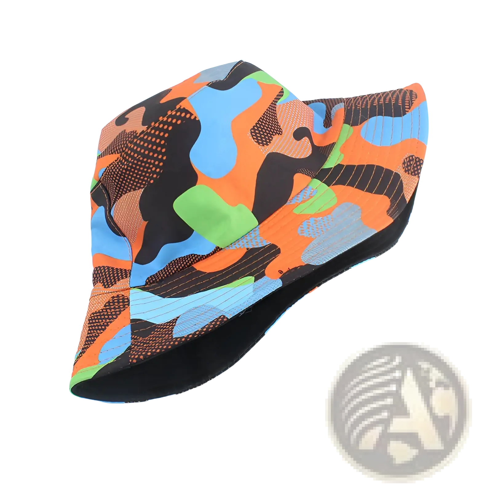 A reversible camouflage fisherman hat in vibrant orange blue and green with black interior lining