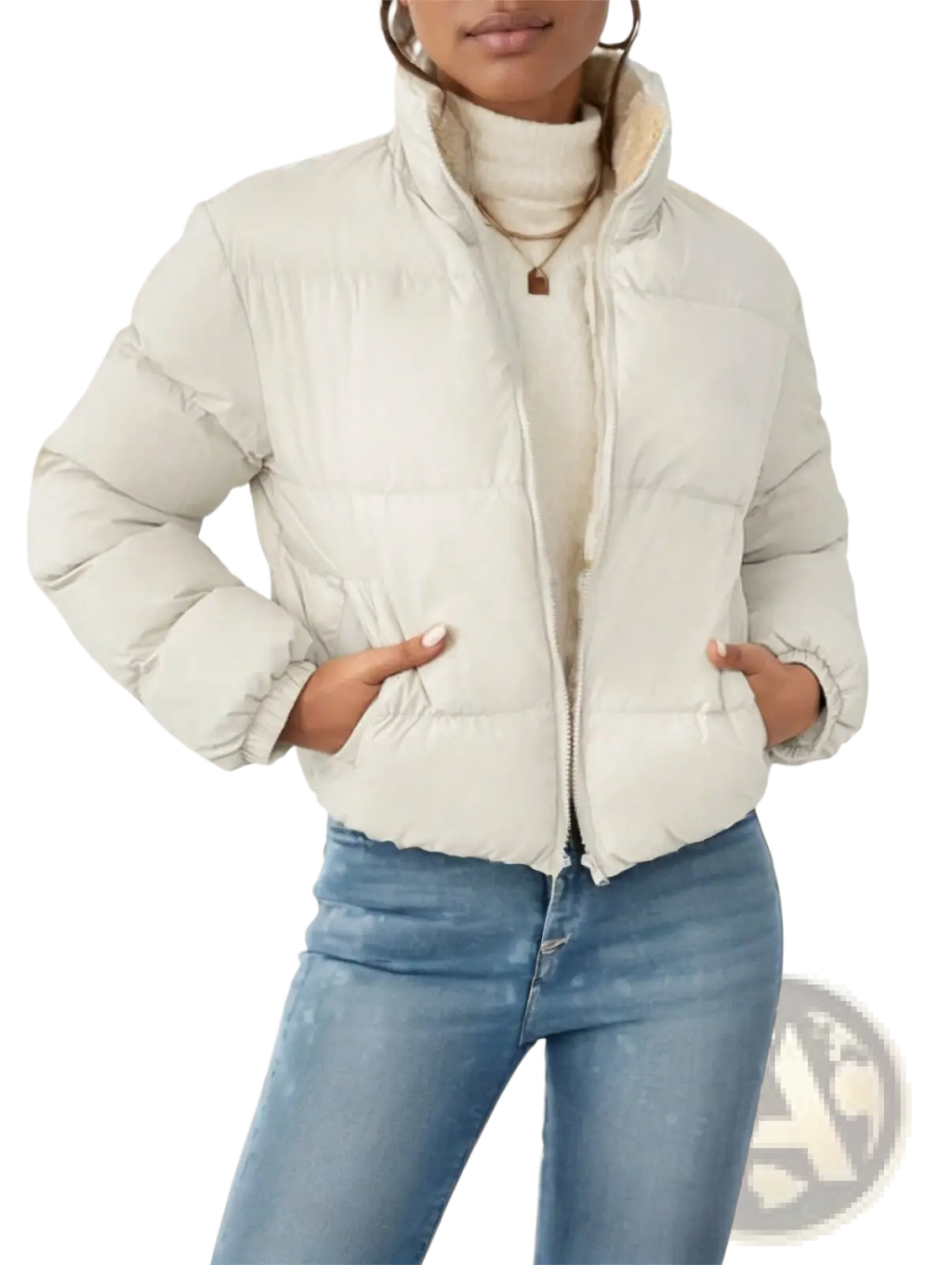 A cozy off-white reversible fleece puffer jacket with quilted design and ribbed cuffs for warmth and comfort
