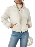 A cozy off-white reversible fleece puffer jacket with quilted design and ribbed cuffs for warmth and comfort