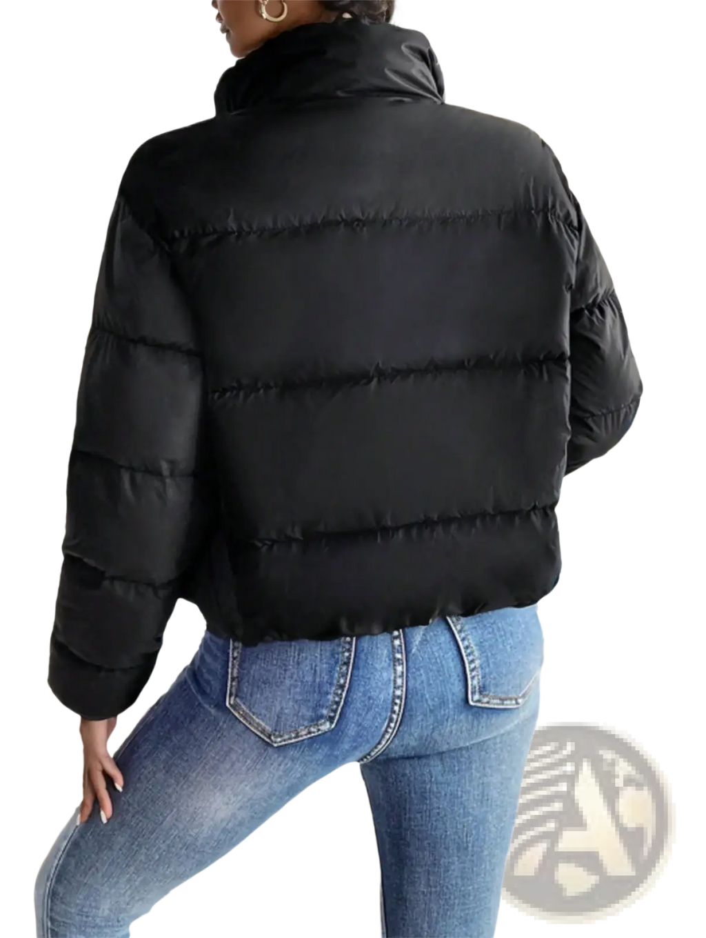 Black reversible fleece puffer jacket with high collar and horizontal stitching shown from the back side