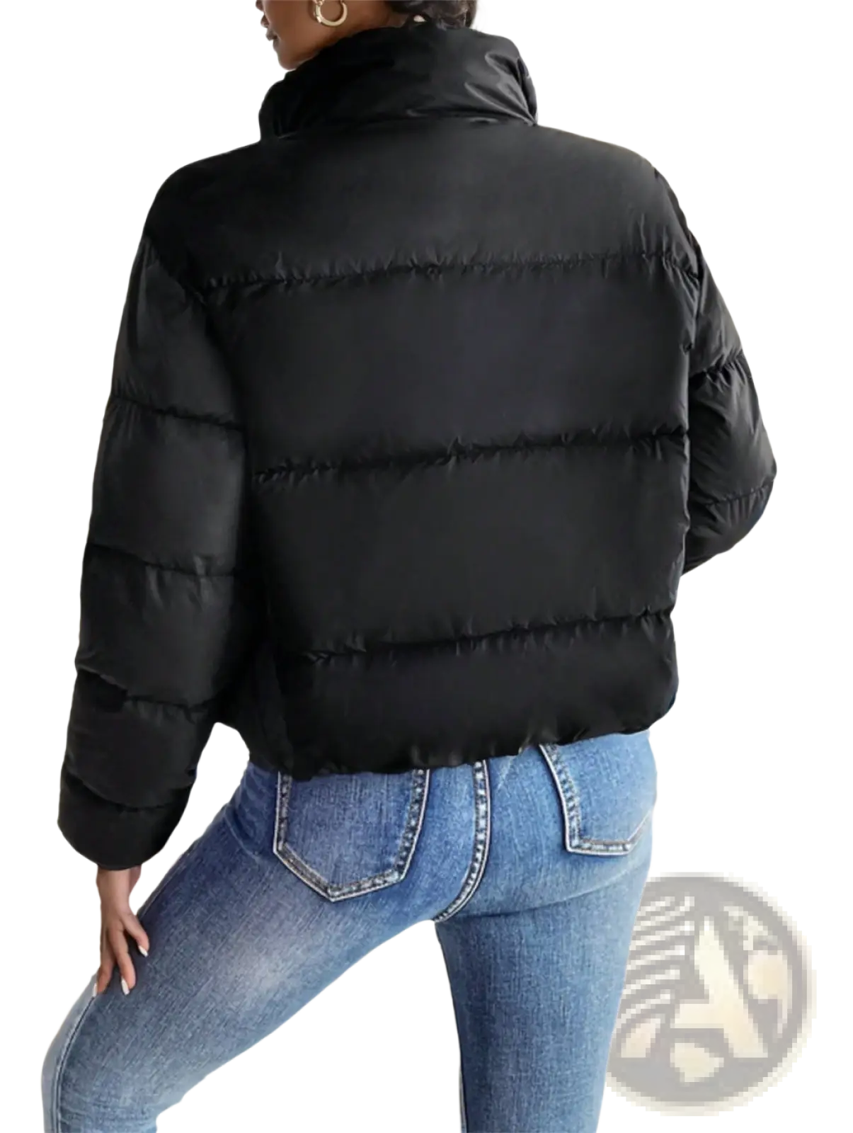 Black reversible fleece puffer jacket with high collar and horizontal stitching shown from the back side