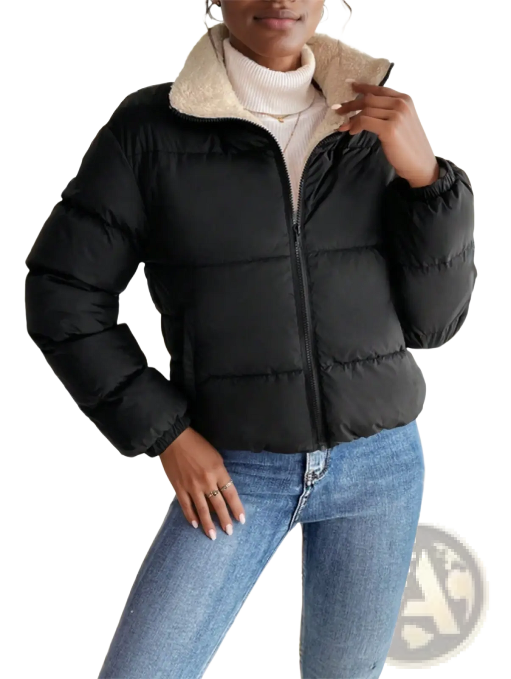 Black reversible fleece puffer jacket with plush beige shearling collar in off white for cold weather wear