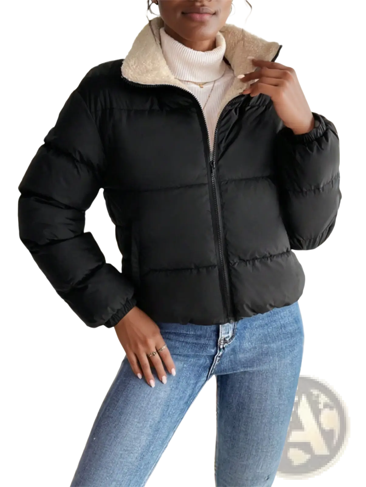 Black reversible fleece puffer jacket with plush beige shearling collar in off white for cold weather wear