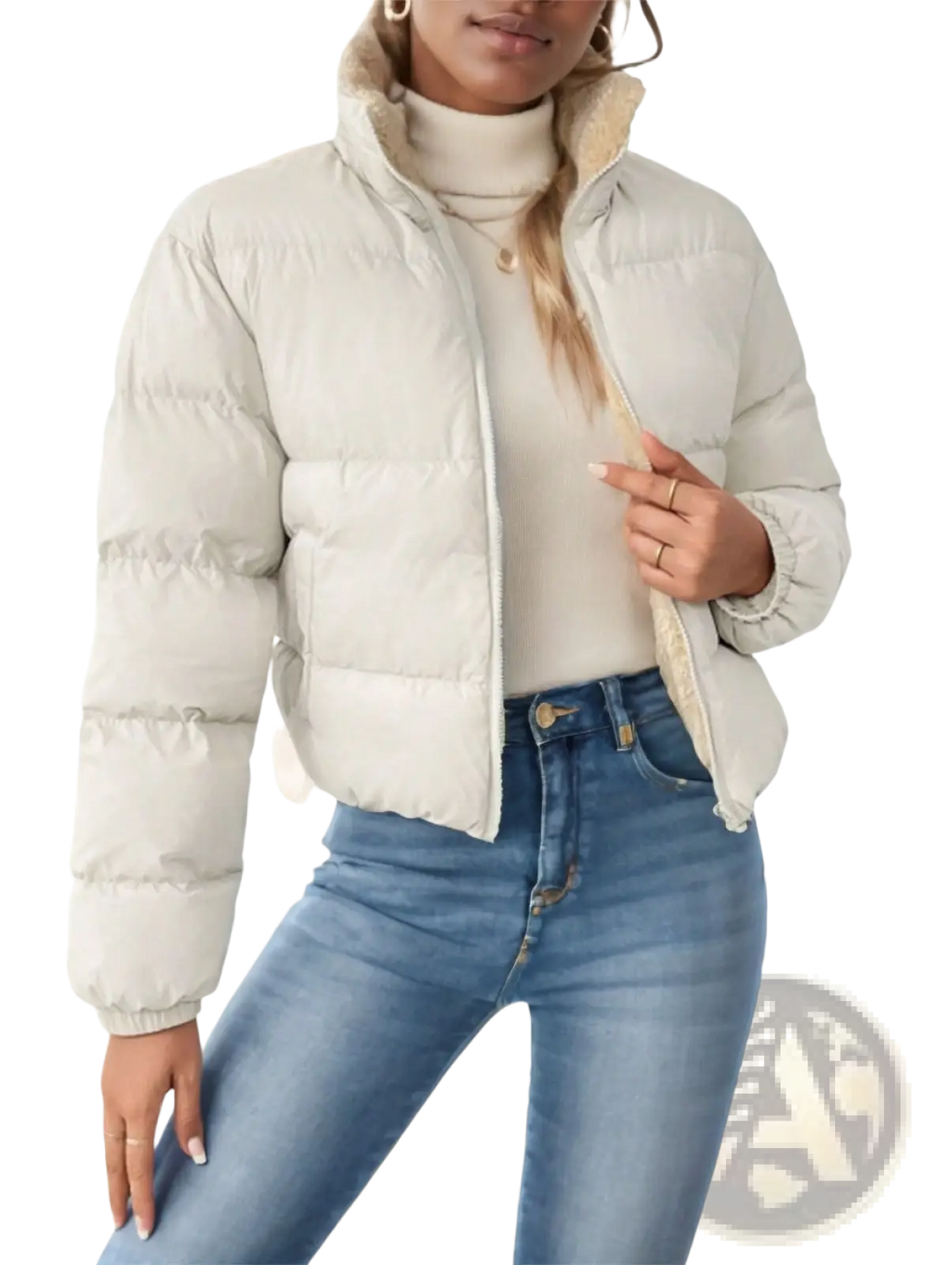 Reversible fleece puffer jacket off white with plush cream fleece-lined collar and cuffs in a cozy off-white shade