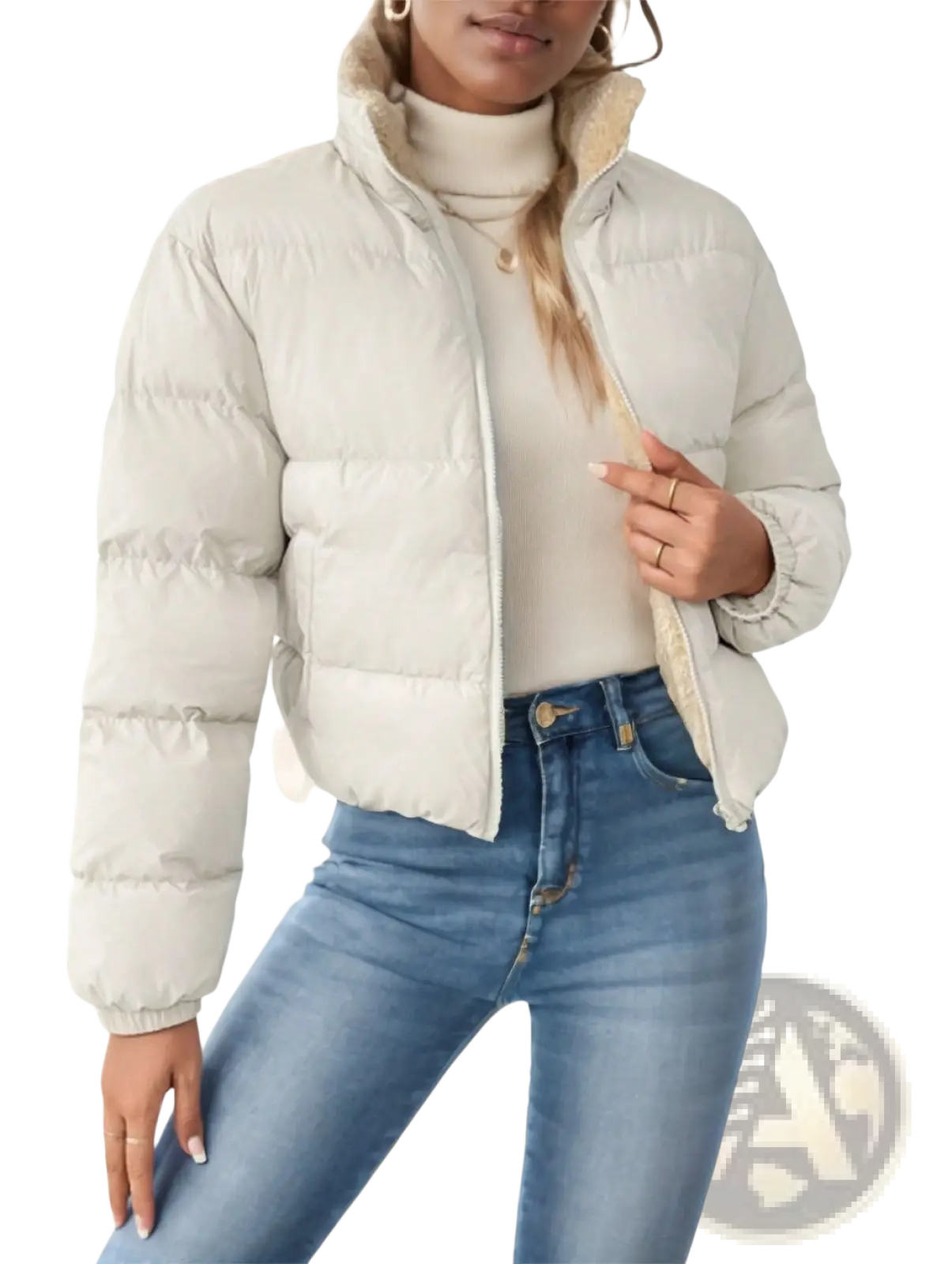 Reversible fleece puffer jacket off white with plush cream fleece-lined collar and cuffs in a cozy off-white shade