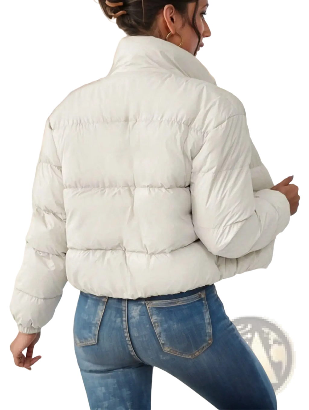 Off white reversible fleece puffer jacket with quilted high collar and elastic cuffs in white material