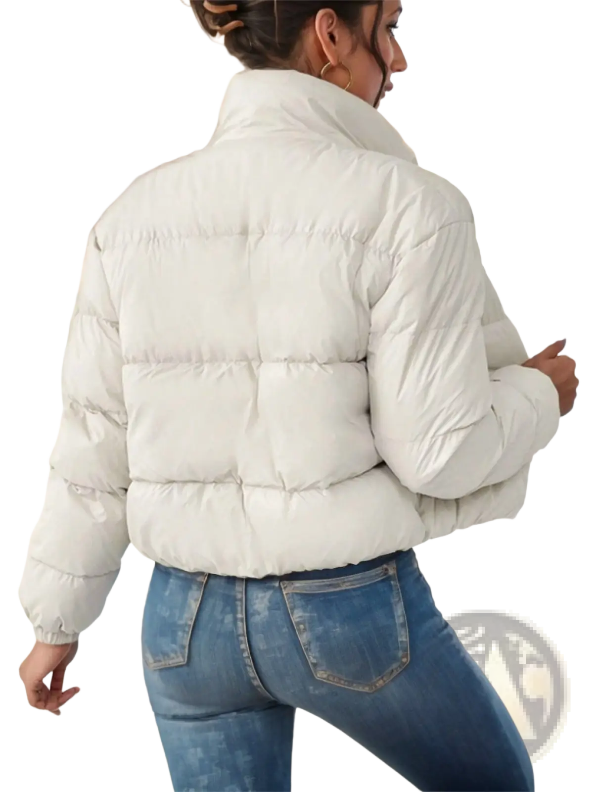 Off white reversible fleece puffer jacket with quilted high collar and elastic cuffs in white material