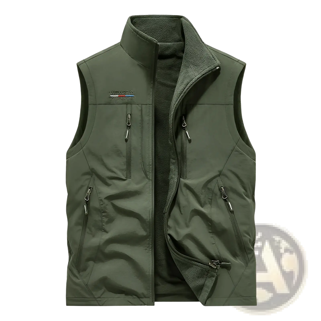 Reversible fleece work vest in olive green featuring multiple zippered pockets and a branded logo on the chest