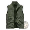 Reversible fleece work vest in olive green featuring multiple zippered pockets and a branded logo on the chest