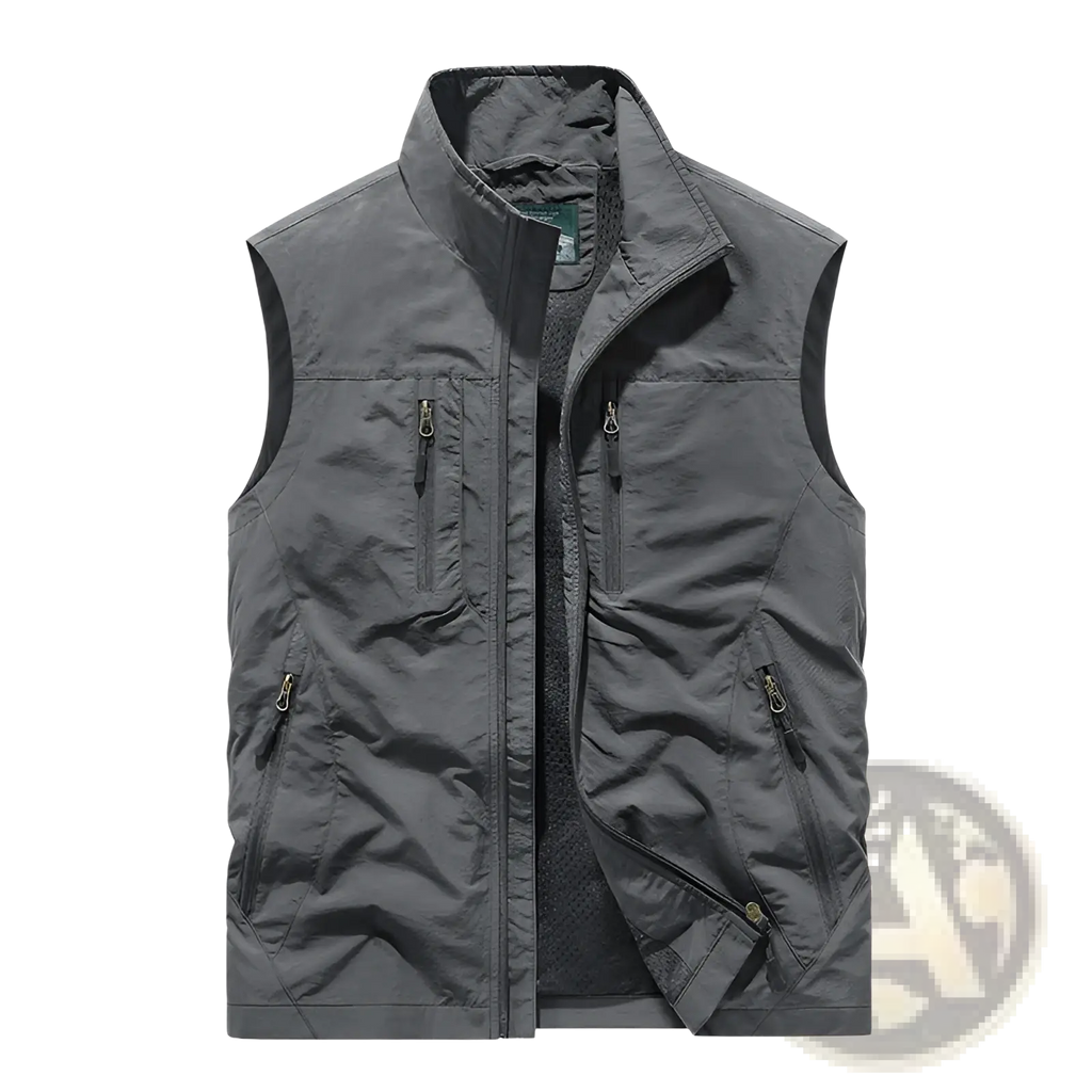 Dark gray reversible fleece work vest with high collar sleeveless design and multiple zippered pockets