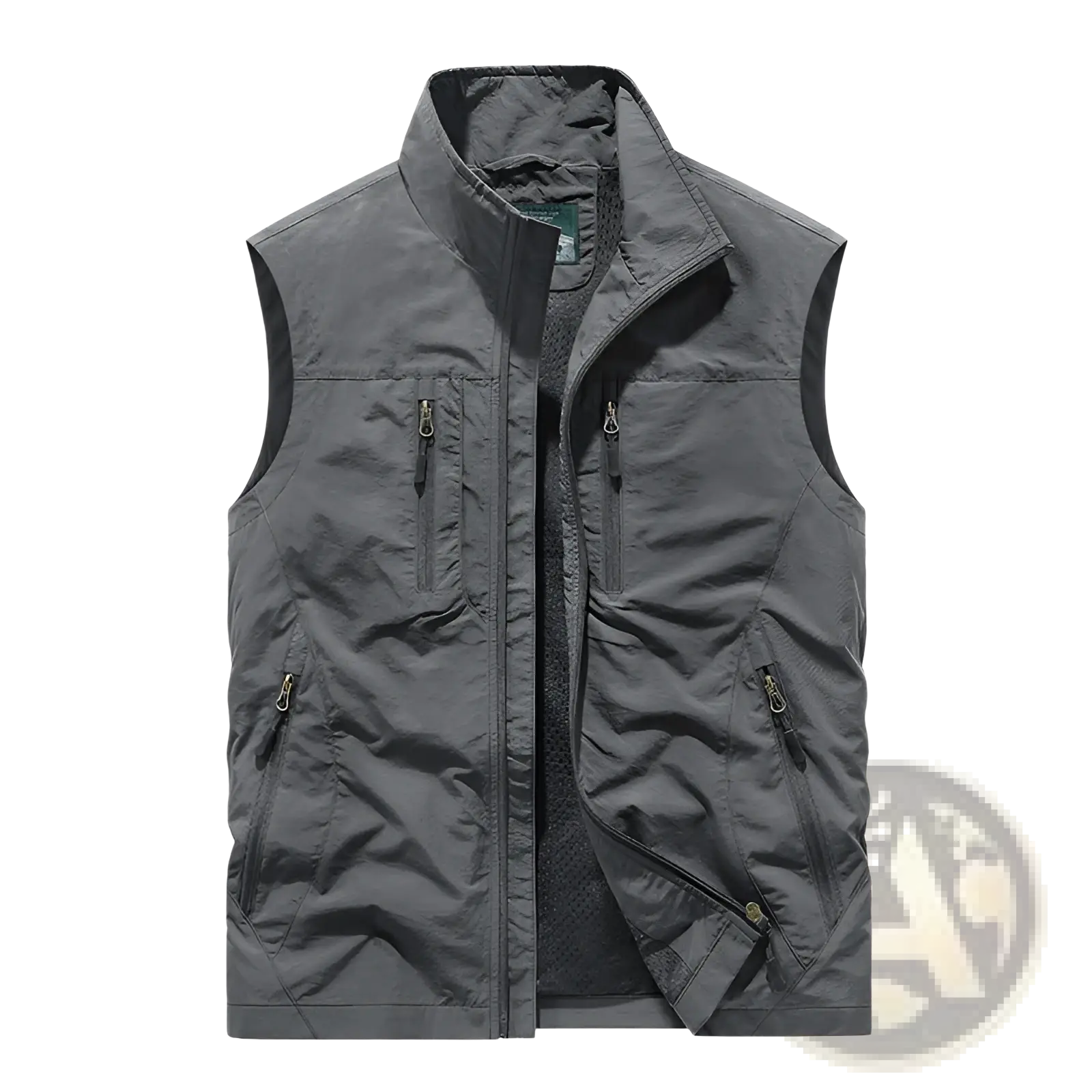Dark gray reversible fleece work vest with high collar sleeveless design and multiple zippered pockets