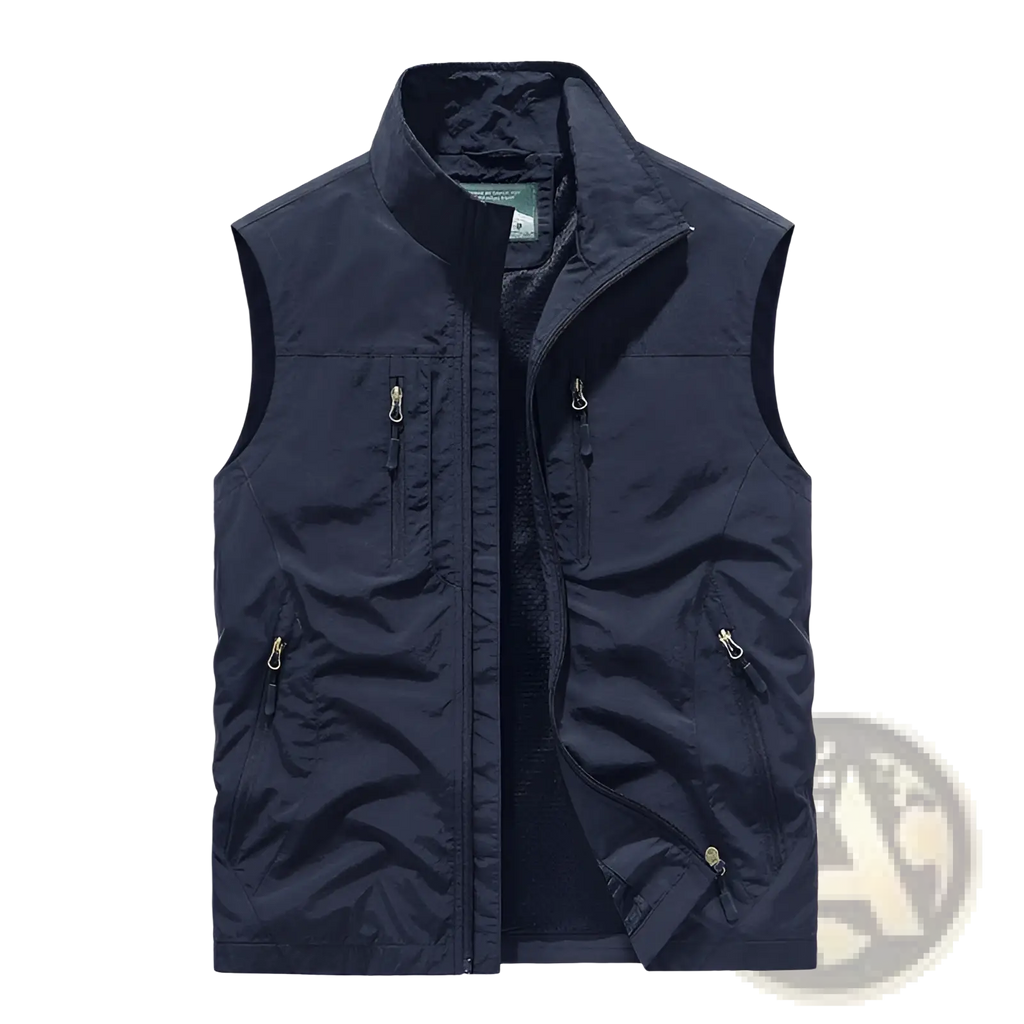 Dark navy blue reversible fleece work vest with high collar sleeveless design front zipper and multiple zippered pockets