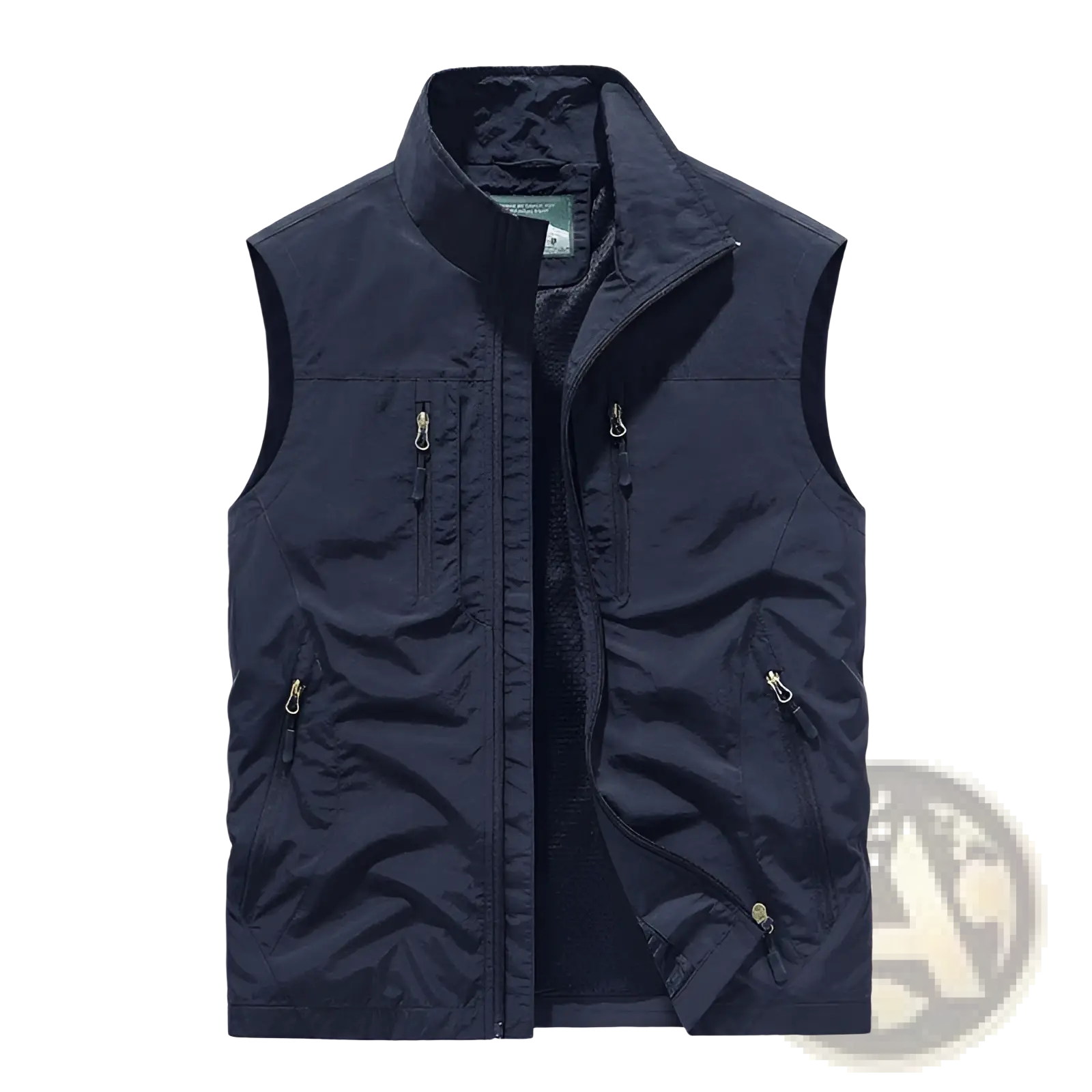 Dark navy blue reversible fleece work vest with high collar sleeveless design front zipper and multiple zippered pockets