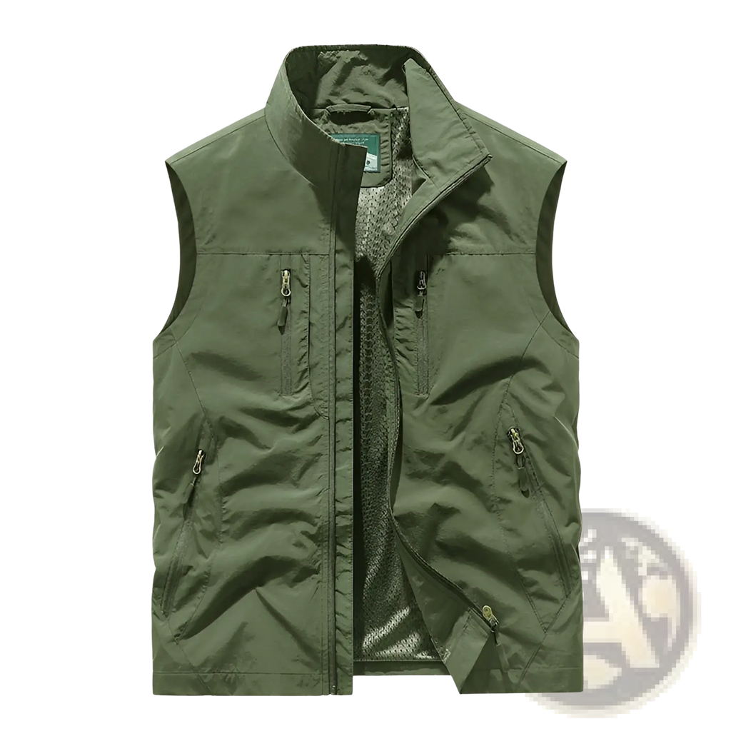 Olive green nylon reversible fleece work vest with zippered pockets and mesh-lined interior for durable wear