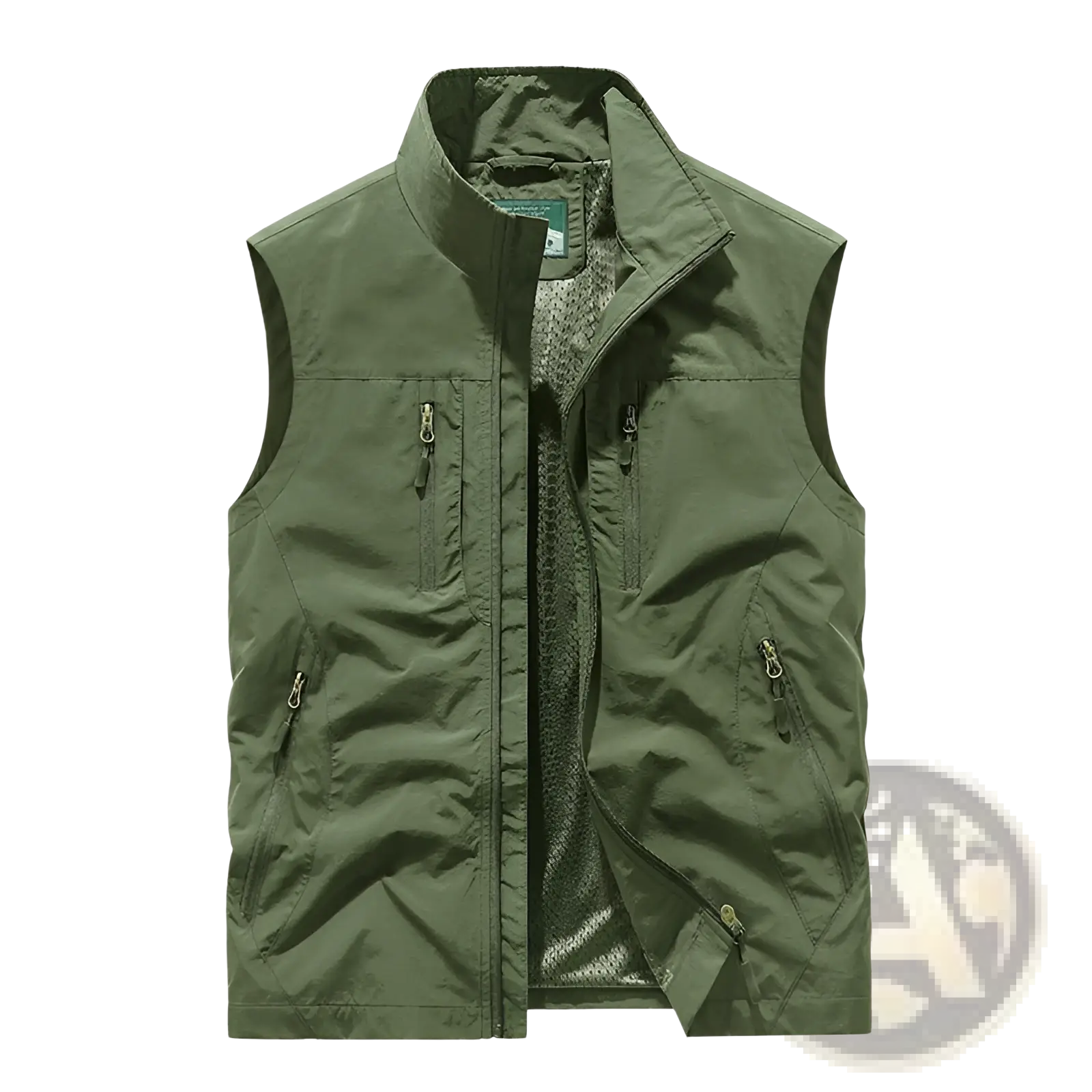 Olive green nylon reversible fleece work vest with zippered pockets and mesh-lined interior for durable wear