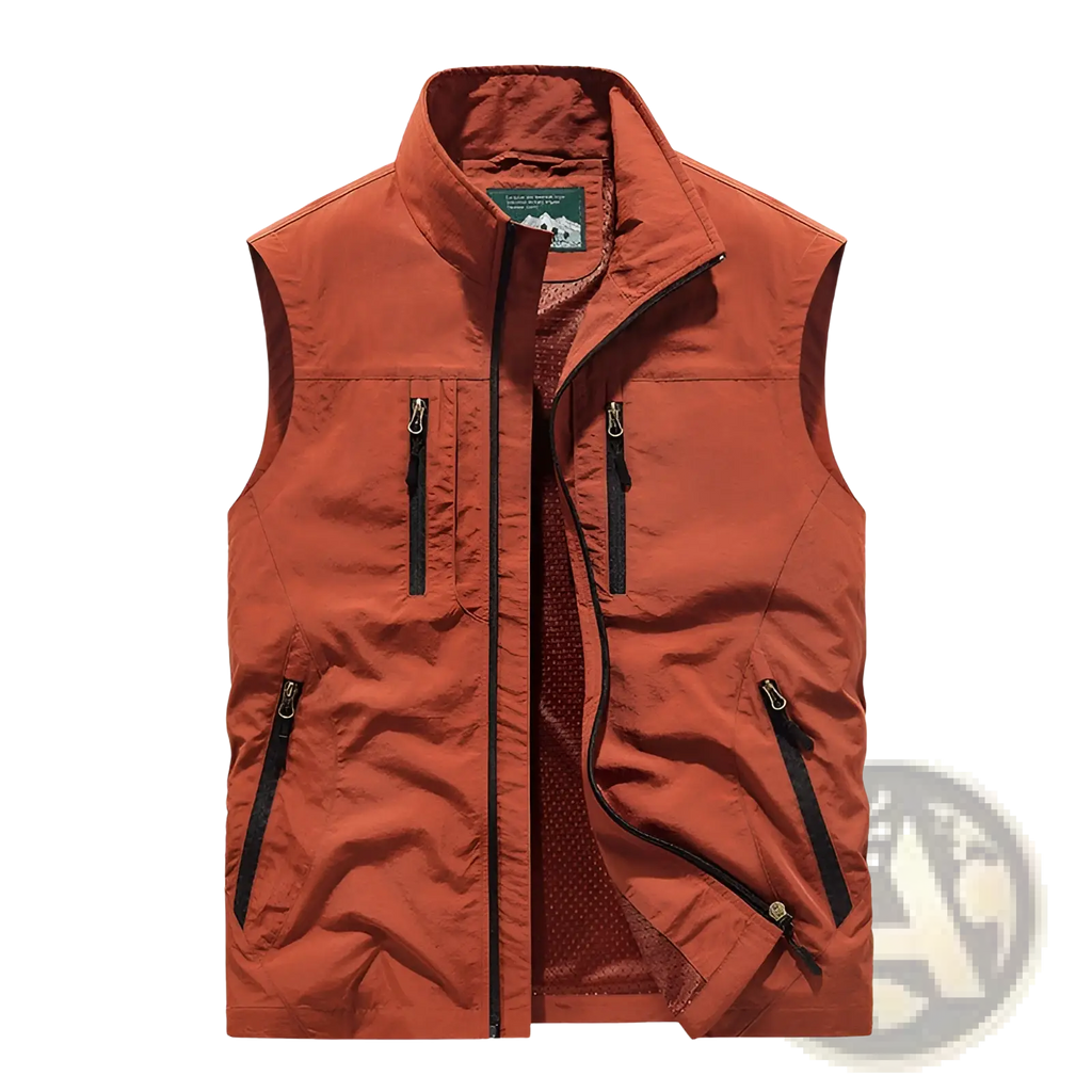 Rust-orange reversible fleece work vest sleeveless with high collar and black zipper pockets for versatile use