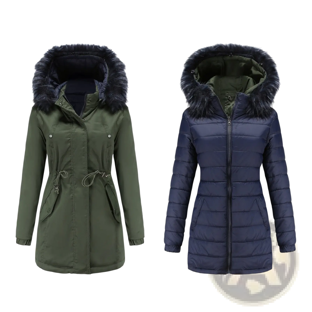Reversible fur collar quilted parka with plush dark fur-lined hood in olive green buttoned and navy blue quilted sides