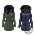 Reversible fur collar quilted parka with plush dark fur-lined hood in olive green buttoned and navy blue quilted sides