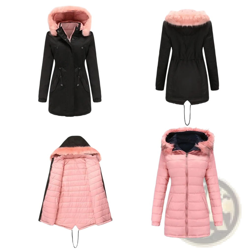 Black and pink reversible fur collar quilted parkas with fluffy fur-lined hoods for winter outerwear