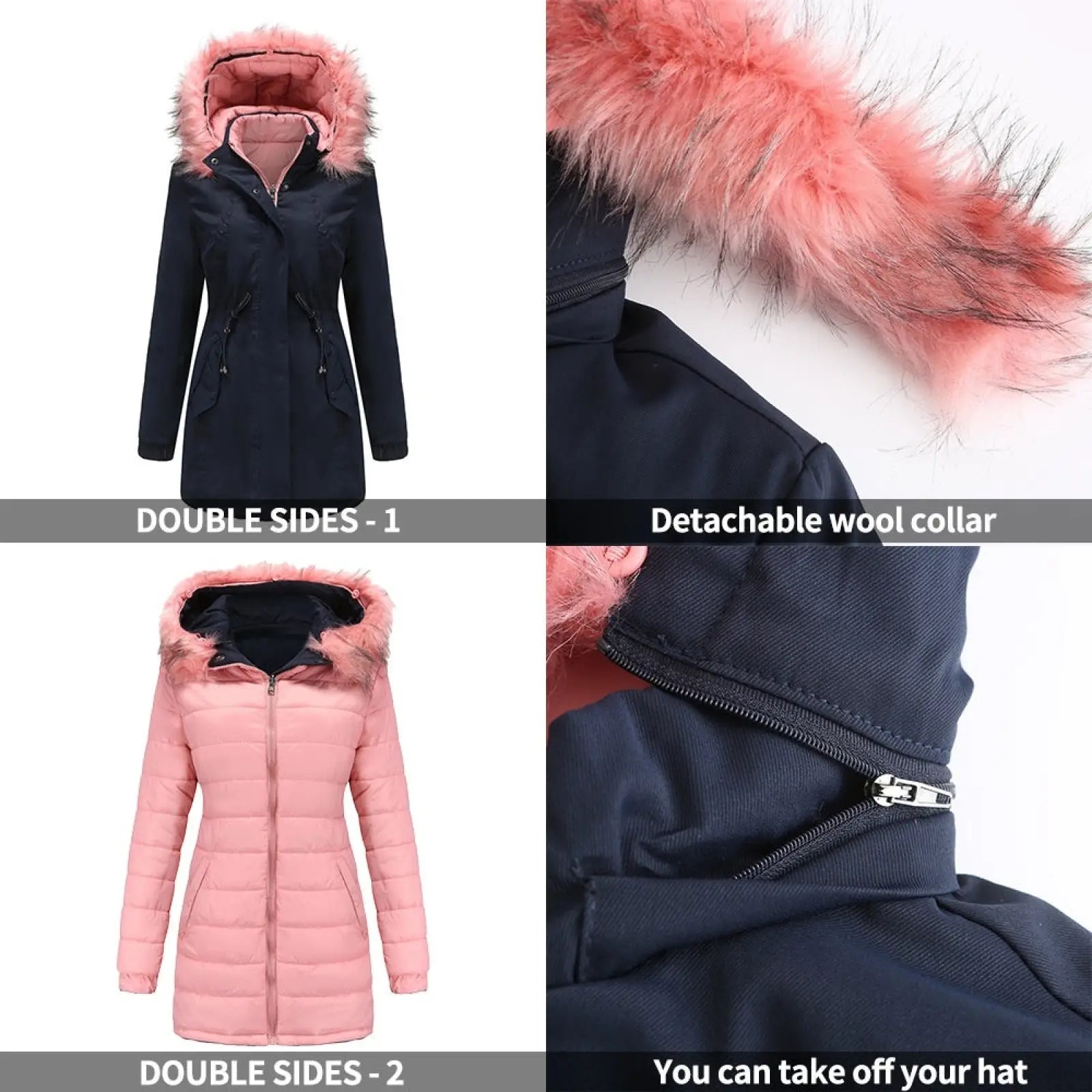 Navy blue and pink reversible fur collar quilted parka with detachable hood and fluffy faux fur trim for winter wear