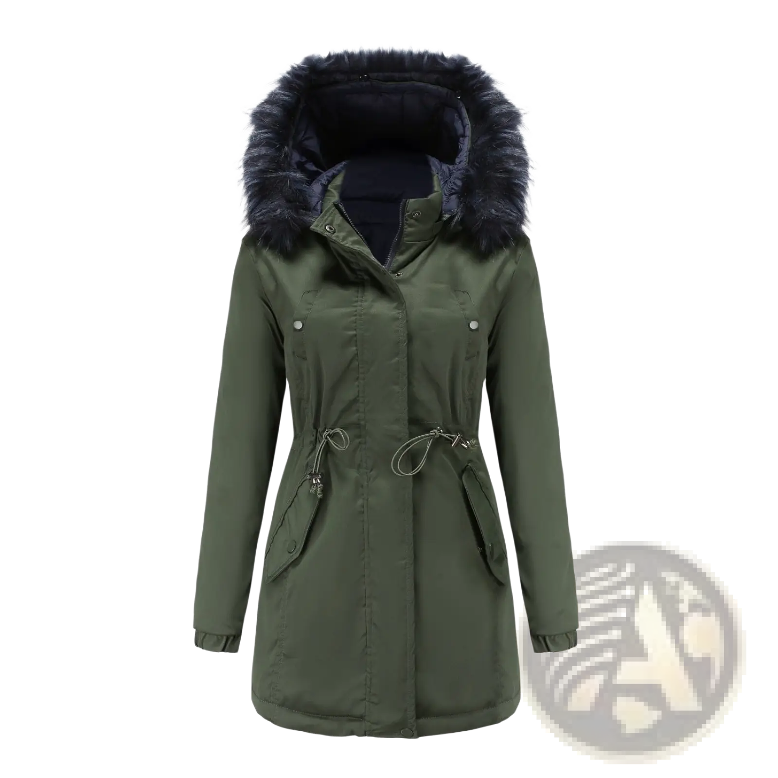Olive green reversible fur collar quilted parka with plush dark fur-lined hood and drawstring waist for winter wear