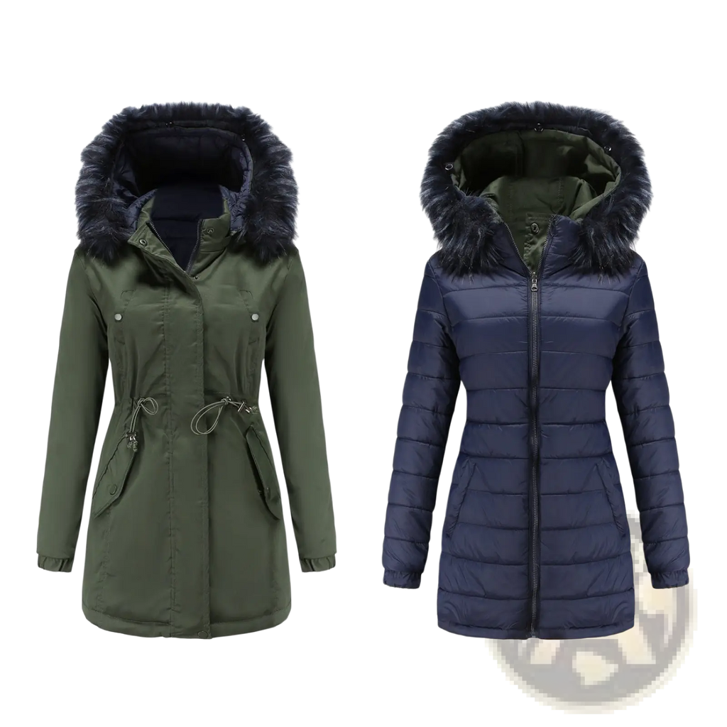 Reversible fur collar quilted parka with plush dark fur hood in olive green and navy blue quilted sides