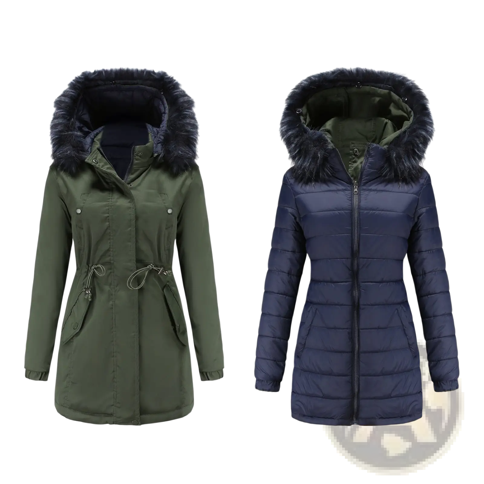 Reversible fur collar quilted parka with plush dark fur hood in olive green and navy blue quilted sides