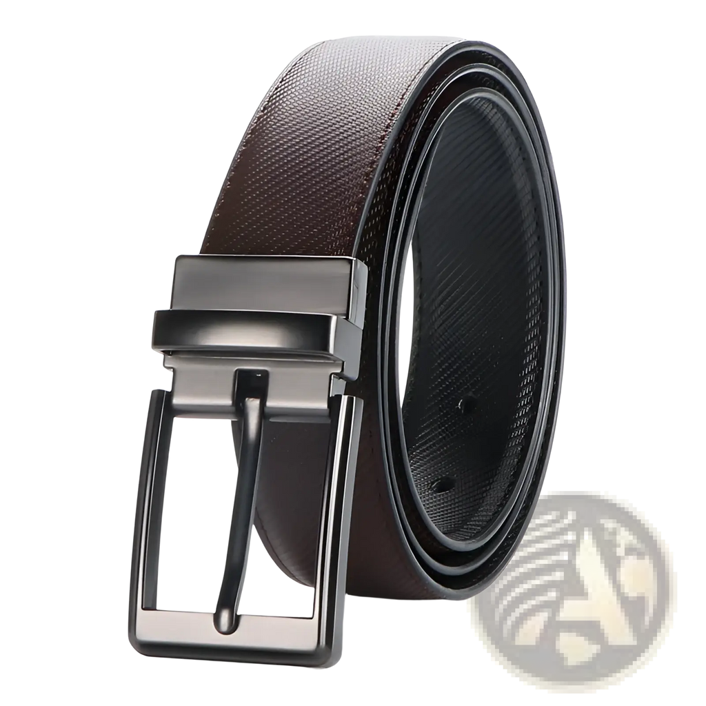 Reversible leather belt for women featuring a brown textured leather strap with a sleek black metal buckle for dress and jeans