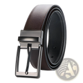 Reversible leather belt for women featuring a brown textured leather strap with a sleek black metal buckle for dress and jeans