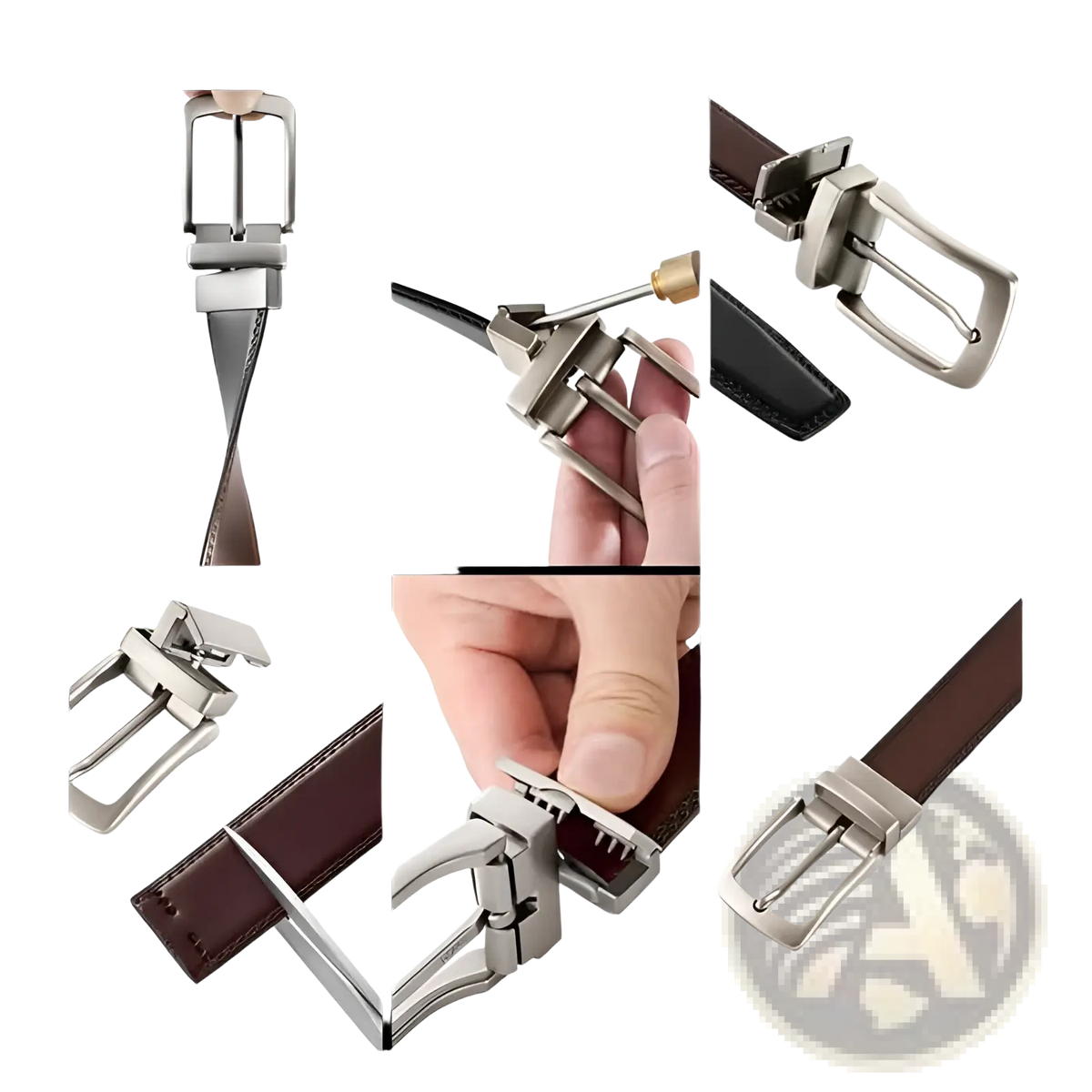 Silver-toned metal buckle with reversible design on brown leather reversible leather belt for women dress and jeans