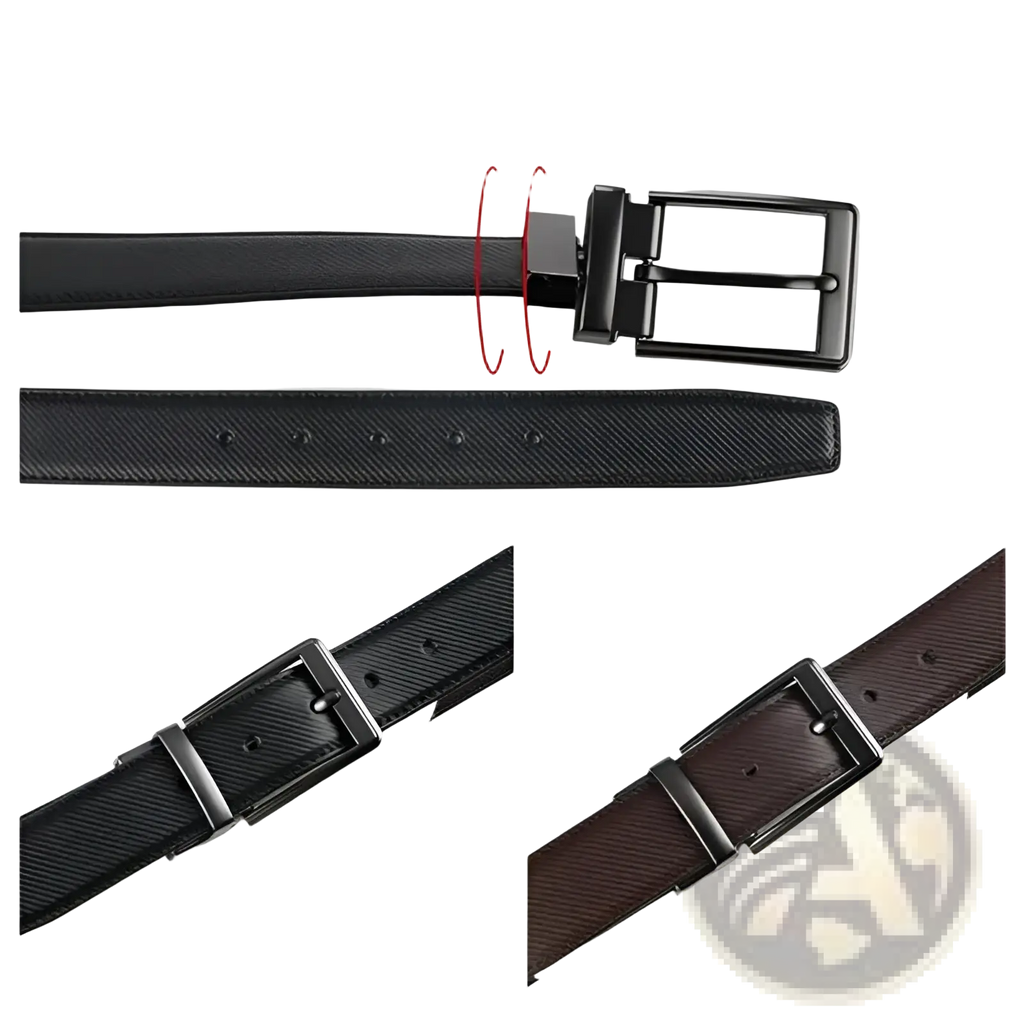 Black textured leather reversible belt for women with sleek black metal buckle and adjustable sliding mechanism