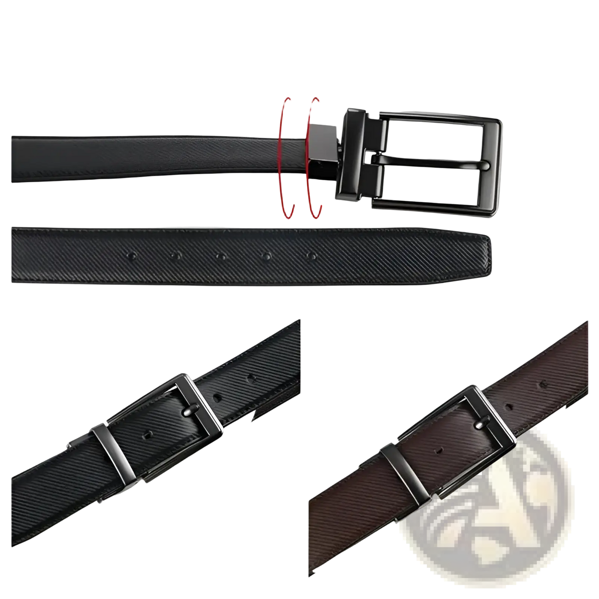 Black textured leather reversible belt for women with sleek black metal buckle and adjustable sliding mechanism