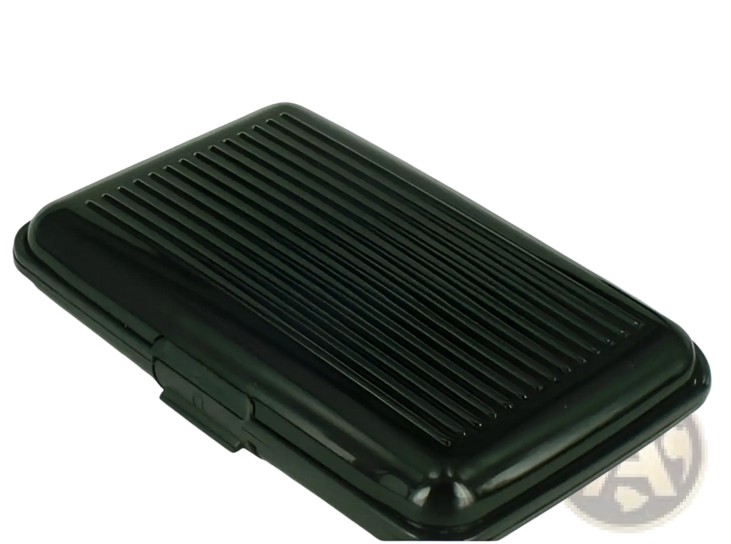 Black glossy plastic cigarette case with ribbed texture and hinged lid for rfid blocking aluminum card holder case